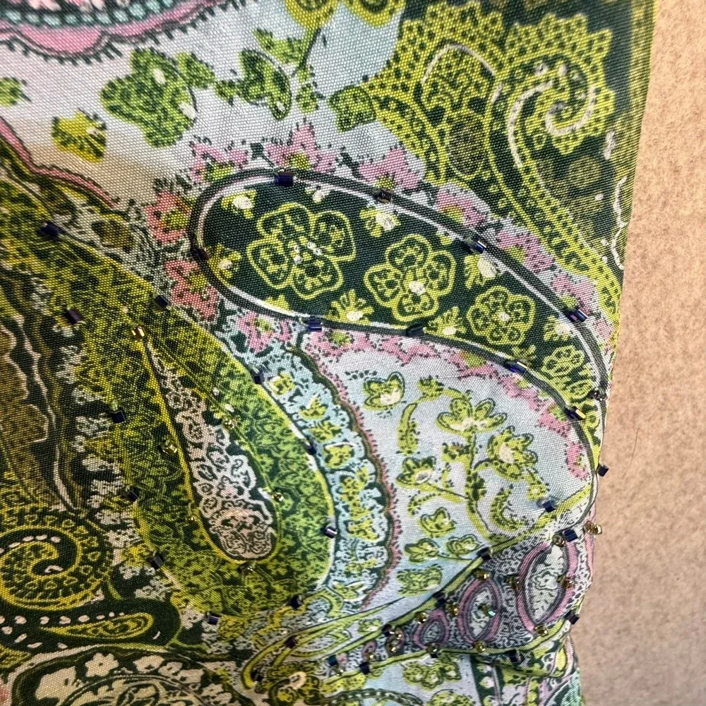 Adrianna Papell 100% Silk Paisley Beaded Pants Green Purple Size 14 Straight Leg